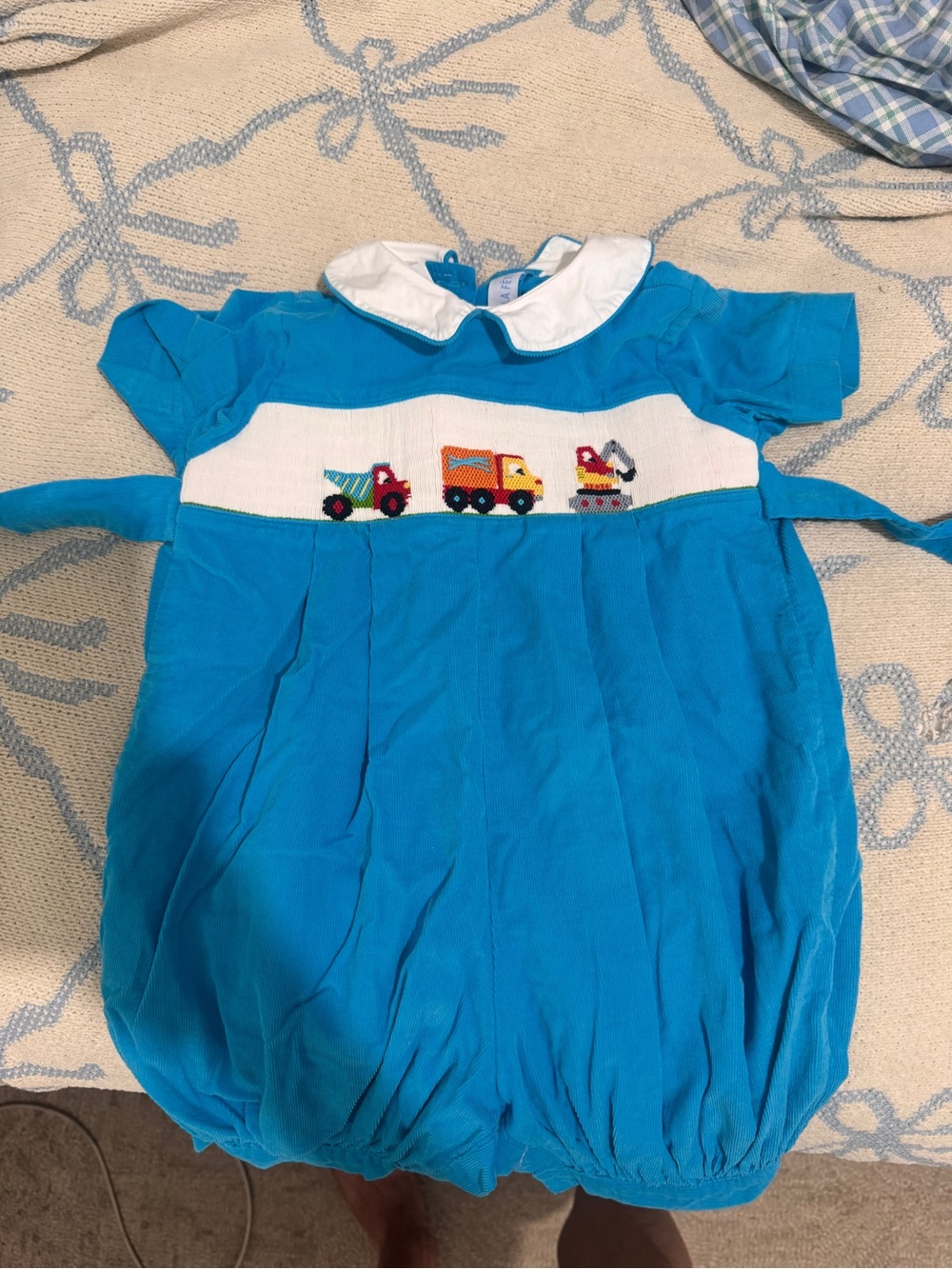 Blue Smocked Truck-Embroidered One-Piece Pajama Set for Kids